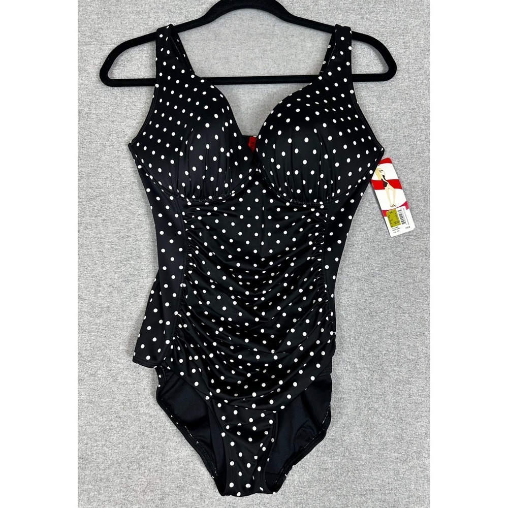Spanx Black Polka Dot Adjustable Ruched One Piece Shaping Swimsuit Size 14 NWT